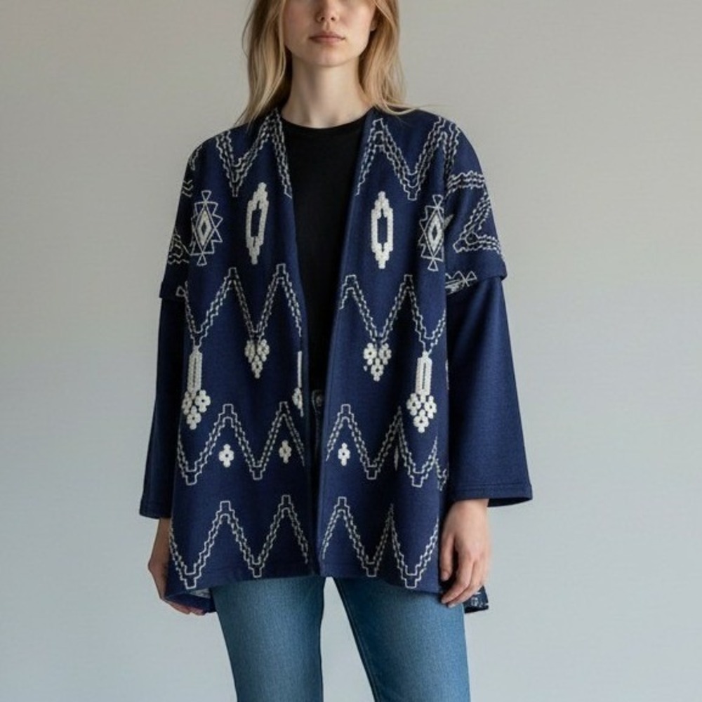 Bleu Bayou Navy Blue Cotton Embroidered Geometric Aztec Open Front Cardigan M